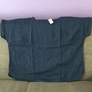 LL Bean Top Womens 3X Navy Whites Boho Linen Short Sleeve Striped Pocket Tee